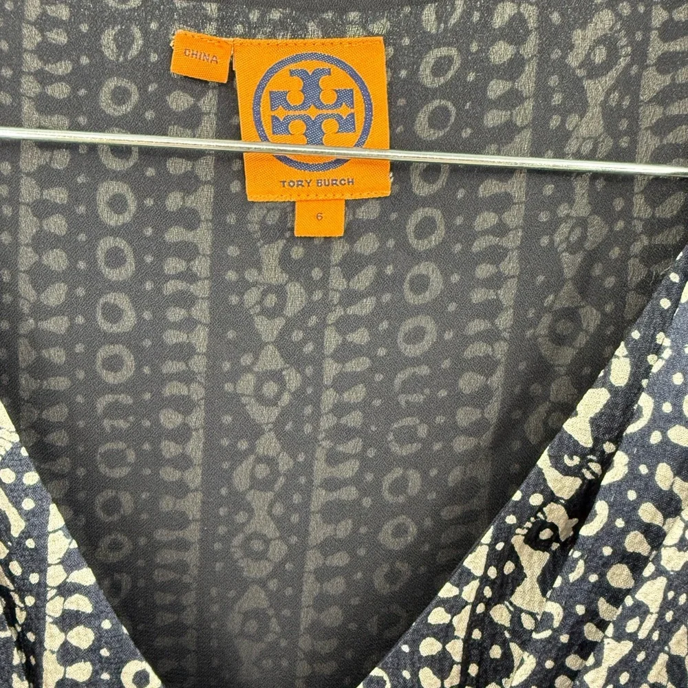 Tory Burch Women's 100% Silk Faux Wrap V-Neck Dress Navy/Cream Size‎ 4